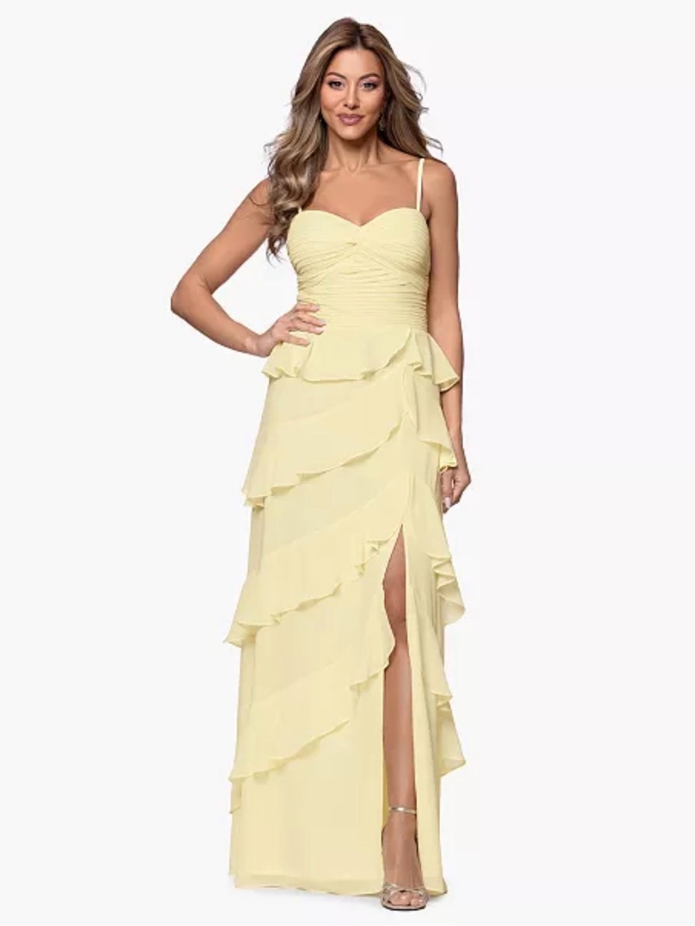 NWT Xscape Lemon Yellow Ruffle Tiered Spaghetti Strap Gown